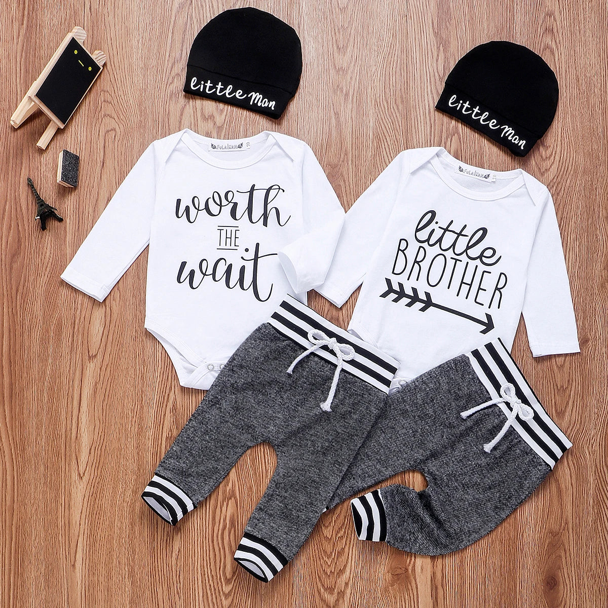 3-teiliges Babyset für Neugeborene – „Little Brother“ Langarm-Body mit Hose & Mütze – Baumwoll-Outfit für Jungen (0–24 Monate)