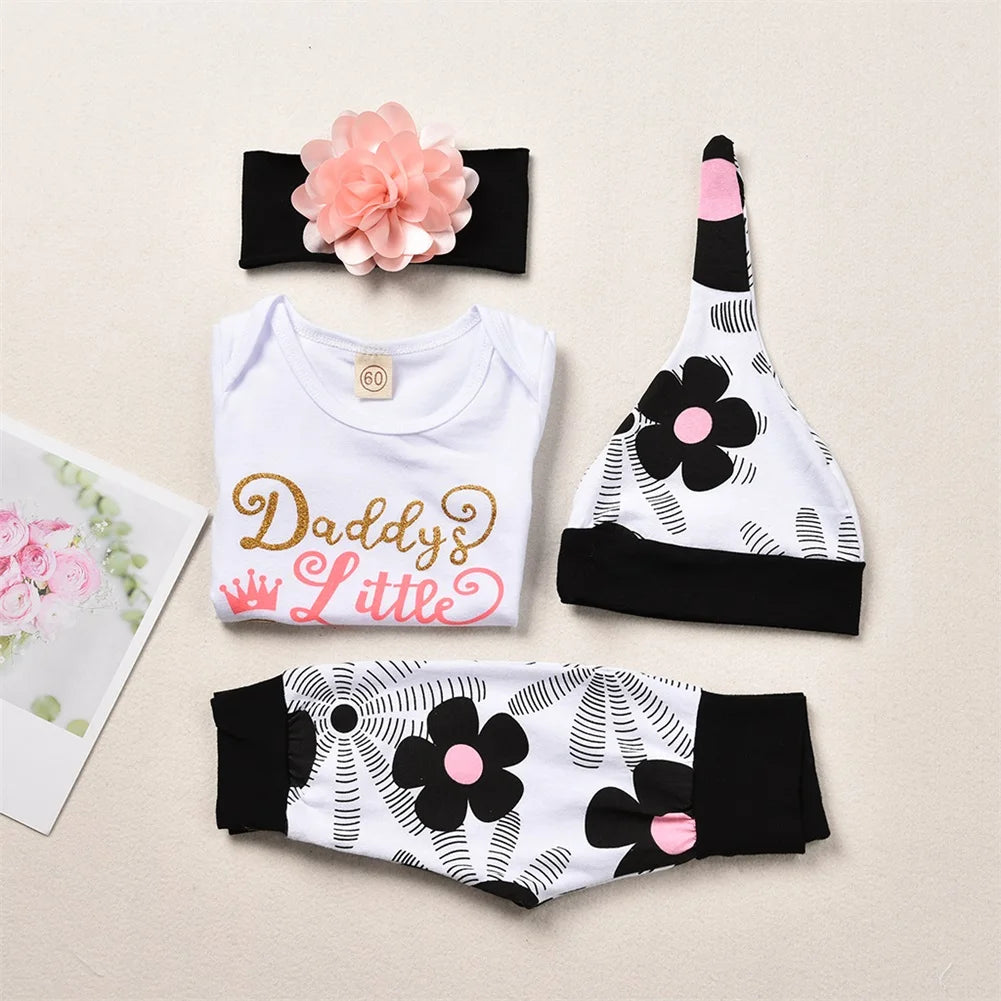 🌸 4-teiliges Sommer-Set für Neugeborene – Baby Mädchen Romper + Blumenhose + Hut + Haarband (0–24 Monate)