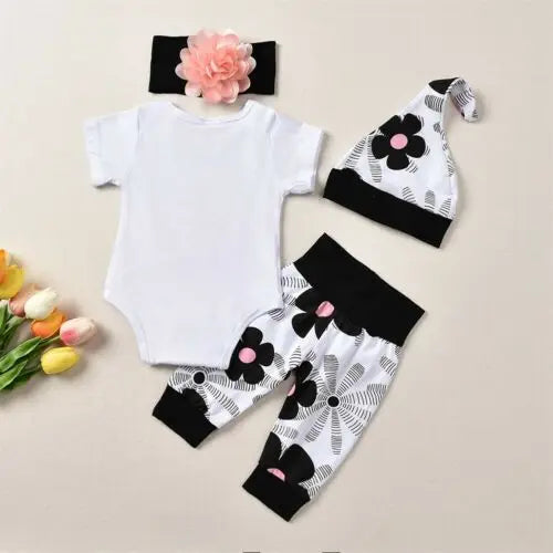 🌸 4-teiliges Sommer-Set für Neugeborene – Baby Mädchen Romper + Blumenhose + Hut + Haarband (0–24 Monate)