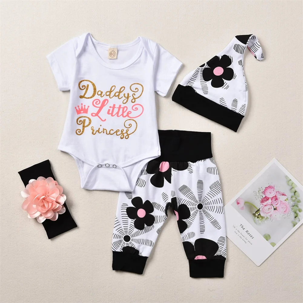 🌸 4-teiliges Sommer-Set für Neugeborene – Baby Mädchen Romper + Blumenhose + Hut + Haarband (0–24 Monate)
