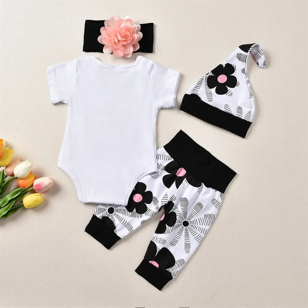 🌸 4-teiliges Sommer-Set für Neugeborene – Baby Mädchen Romper + Blumenhose + Hut + Haarband (0–24 Monate)