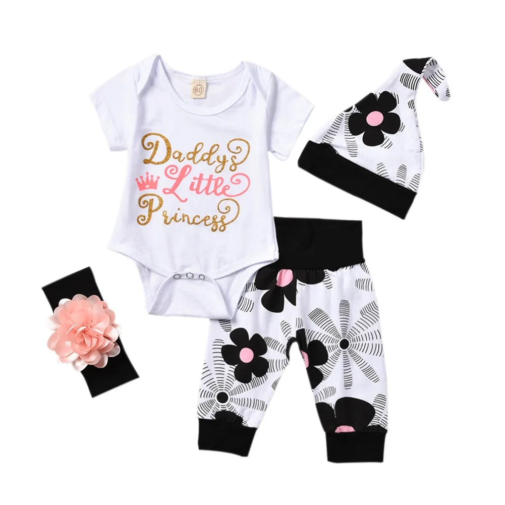 🌸 4-teiliges Sommer-Set für Neugeborene – Baby Mädchen Romper + Blumenhose + Hut + Haarband (0–24 Monate)