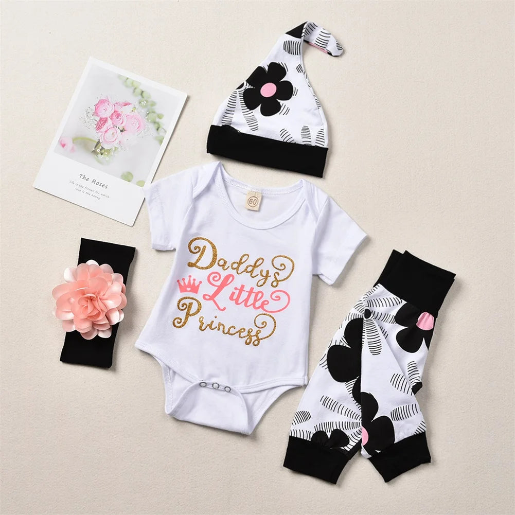 🌸 4-teiliges Sommer-Set für Neugeborene – Baby Mädchen Romper + Blumenhose + Hut + Haarband (0–24 Monate)