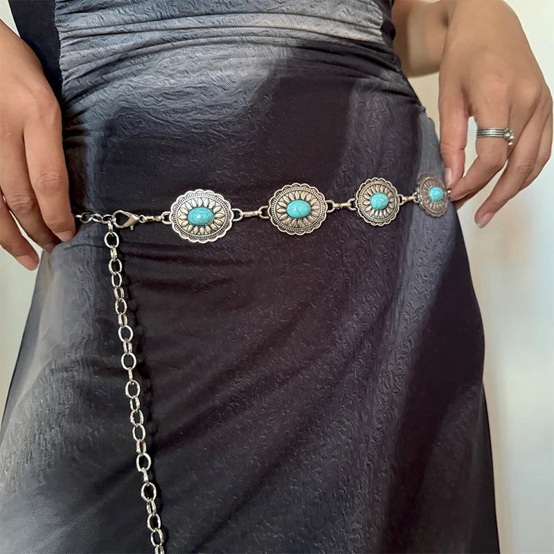 Boho Taillenkette für Damen – Silberfarbene Kette mit blauen Edelstein-Elementen | Eleganter Ellipsen-Look für Röcke & Kleider