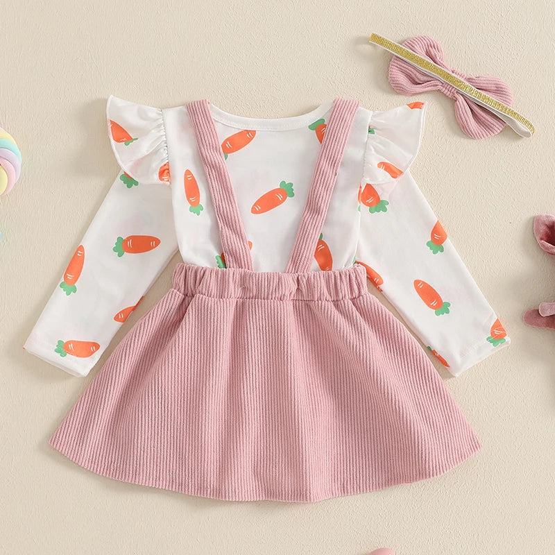 Oster-Outfit für Baby-Mädchen – 3-teilig: Karotten-Body mit langen Ärmeln, Hasen-Trägerrock & Haarband – von FOCUSNORM (0–18 Monate)