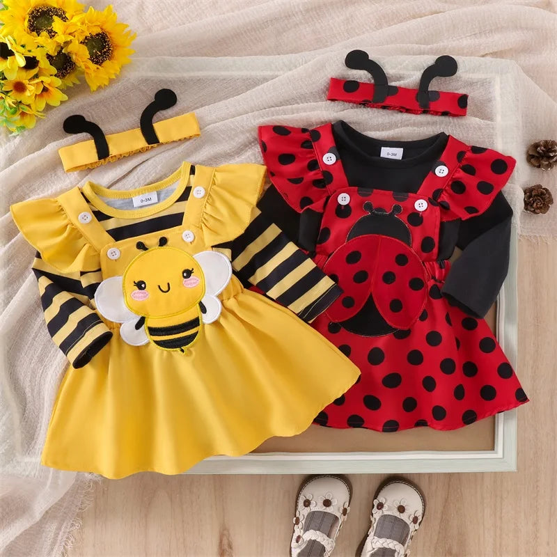 Herbst-Outfit für Baby-Mädchen – 3-teilig: Langarm-Romper mit Flügelärmeln, Trägerkleid mit Bienen-/Marienkäfer-Stickerei & Haarband – von Faithtur