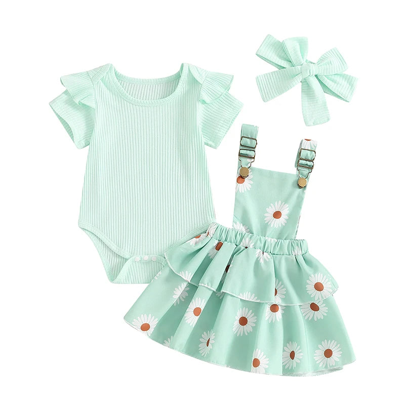 Frühlings-Outfit für Baby-Mädchen – 3-teilig: Kurzarm-Ripp-Body, Trägerrock & Haarband – von Pudcoco (0–18 Monate)