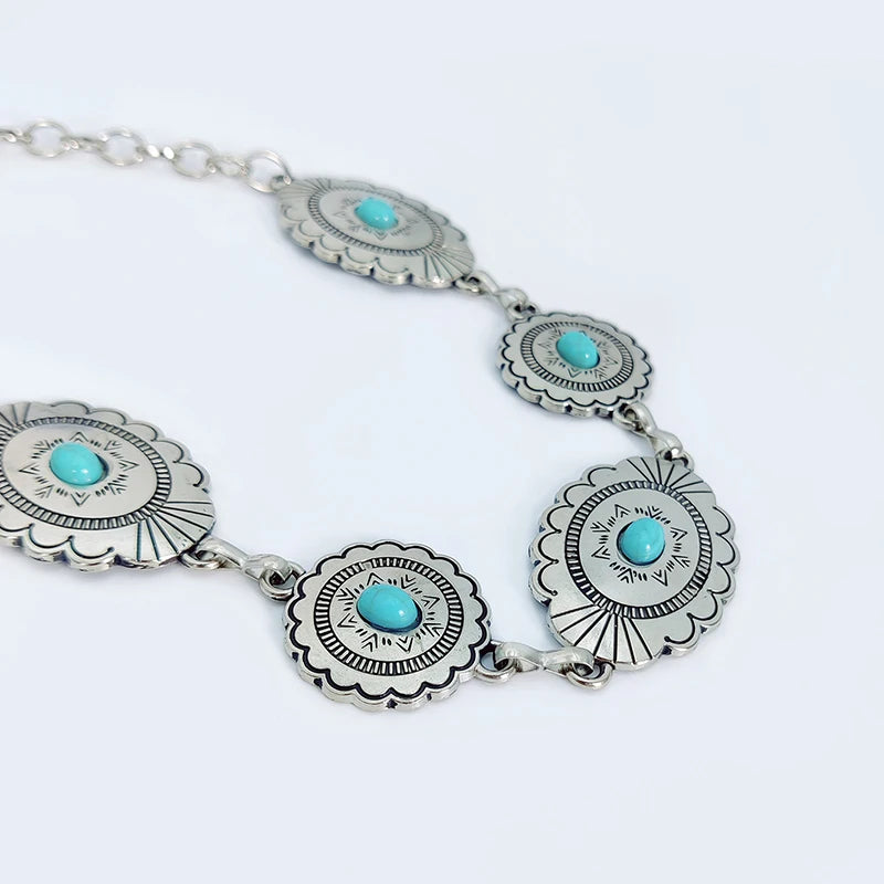Boho Taillenkette für Damen – Silberfarbene Kette mit blauen Edelstein-Elementen | Eleganter Ellipsen-Look für Röcke & Kleider