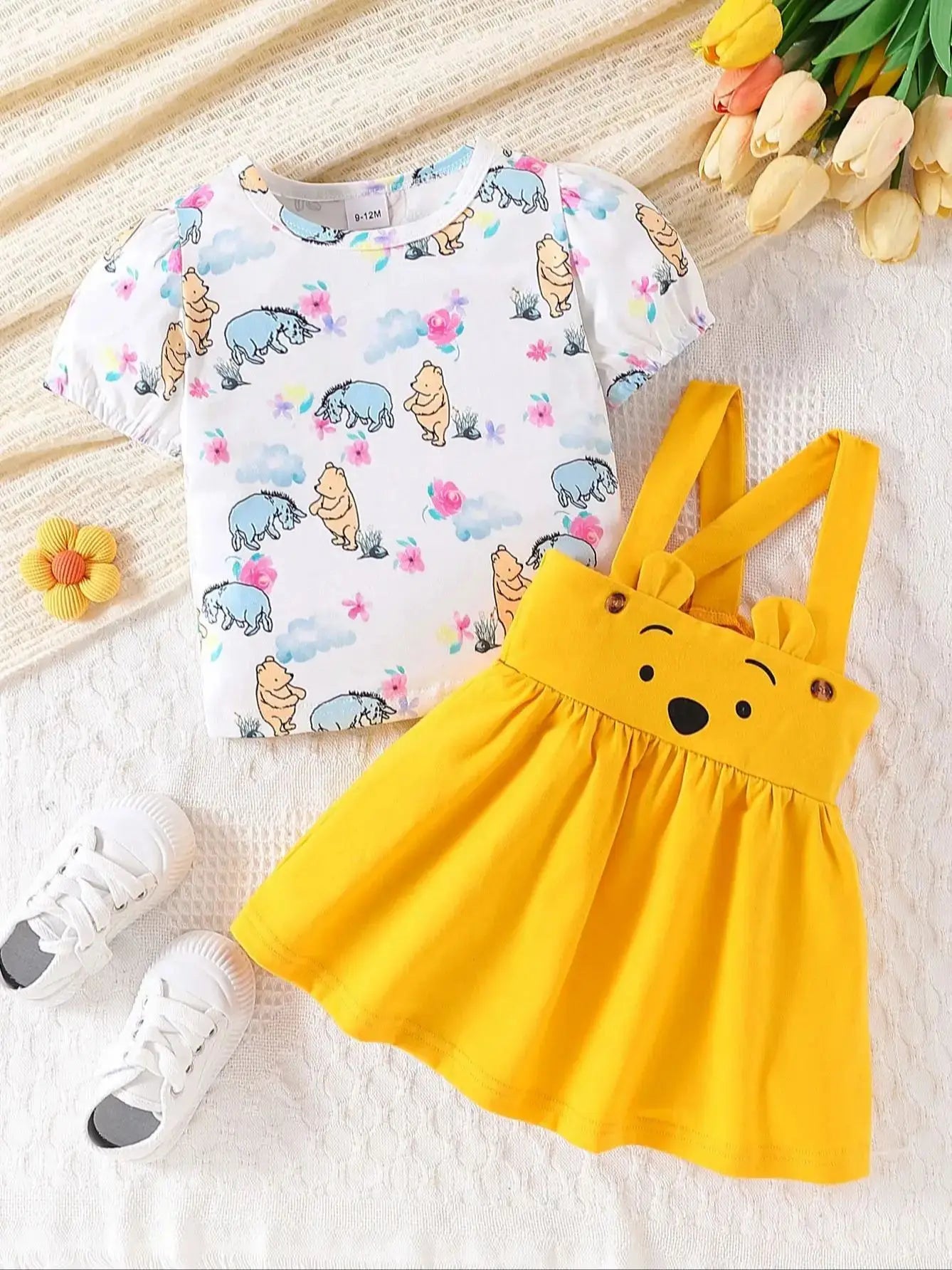 Sommer Baby Mädchen 2-teiliges Set – Kurzarm-T-Shirt mit niedlichem Tierdruck + Trägerrock – Baumwoll-Outfit für Kleinkinder (3–24 Monate)