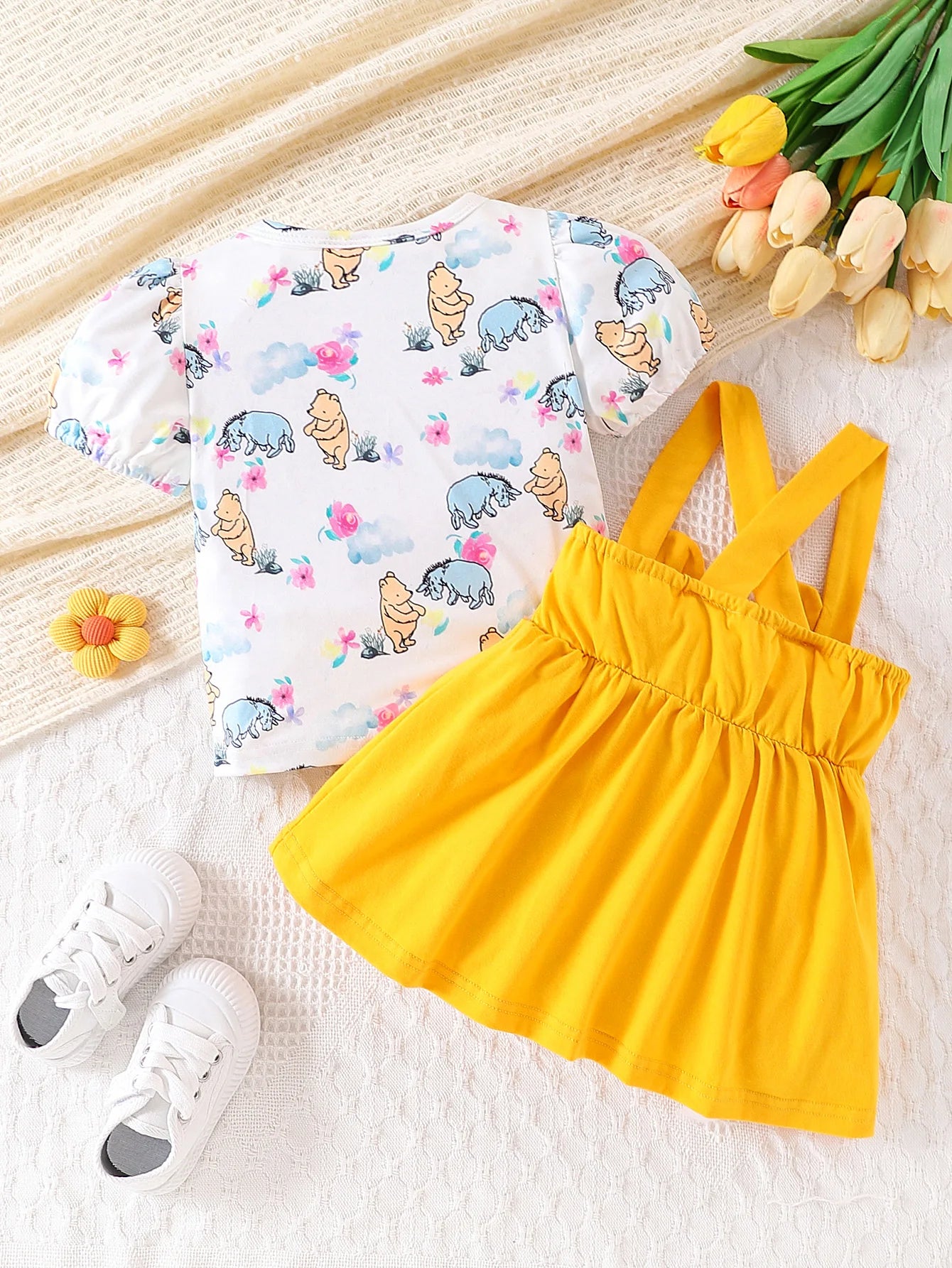 Sommer Baby Mädchen 2-teiliges Set – Kurzarm-T-Shirt mit niedlichem Tierdruck + Trägerrock – Baumwoll-Outfit für Kleinkinder (3–24 Monate)
