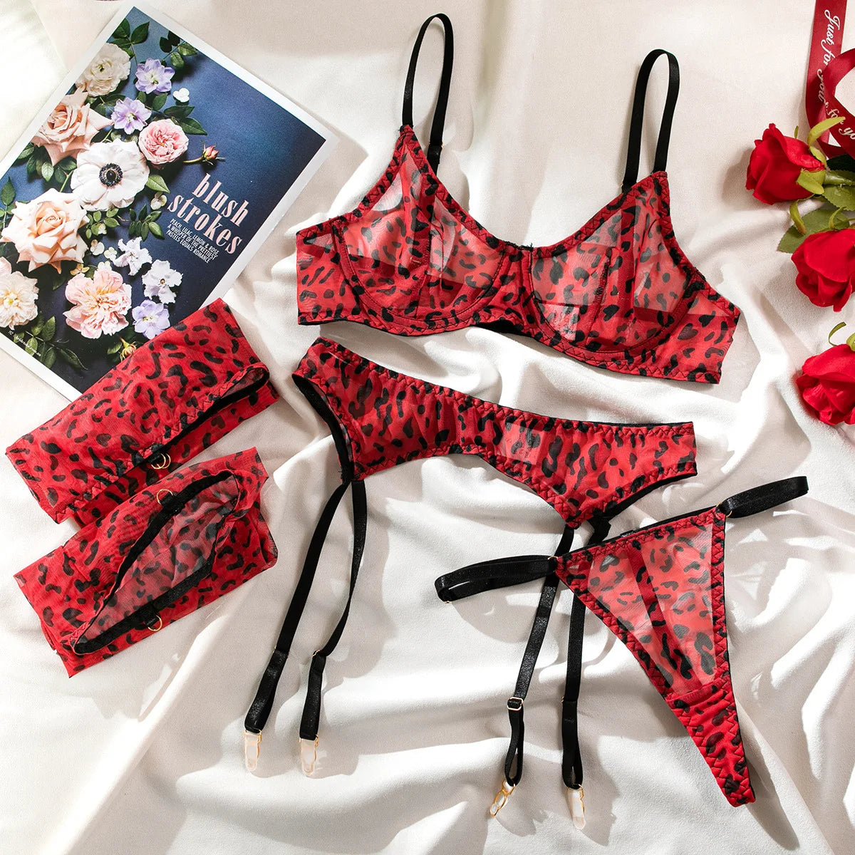 Sexy Lingerie Set in Pink Leopard Mesh – BH, Handschuhe & Beinlinge
