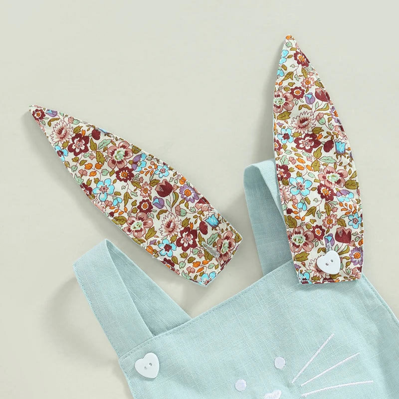 2-teiliges Sommer-Outfit für Baby Mädchen – Ärmelloser Floral-Print Romper mit Hasenohren & Cartoon-Hut – Perfekt für Ostern (0–18 Monate)