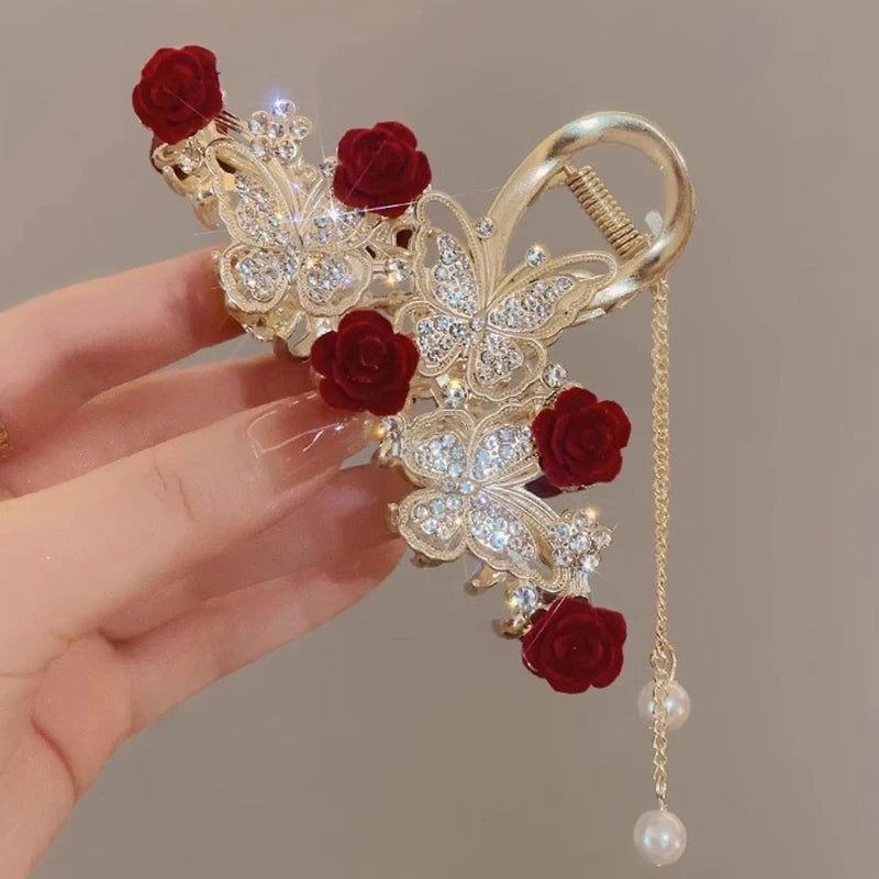 Luxuriöse Haarspange mit Strass, Glockenblume, Rose & Schmetterling – Elegante Haarklammer mit Quaste für Damen