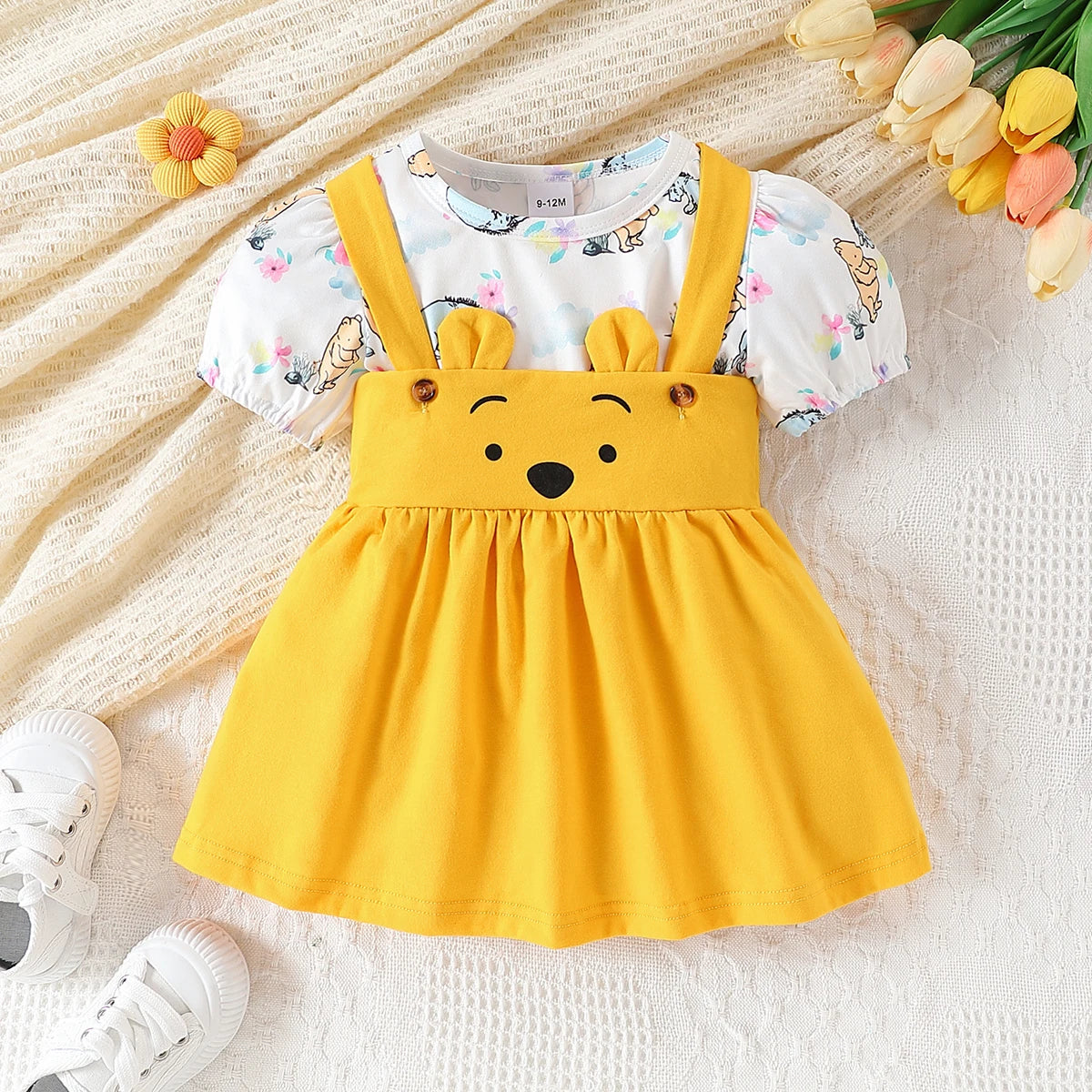 Sommer Baby Mädchen 2-teiliges Set – Kurzarm-T-Shirt mit niedlichem Tierdruck + Trägerrock – Baumwoll-Outfit für Kleinkinder (3–24 Monate)
