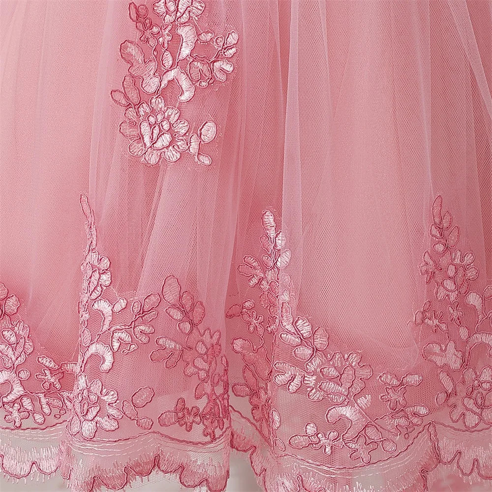 Prinzessinnenkleid für Mädchen mit Tüll & Stickerei – Rosa Partykleid mit Schleife & Schleppe – Für Geburtstag, Show & festliche Anlässe