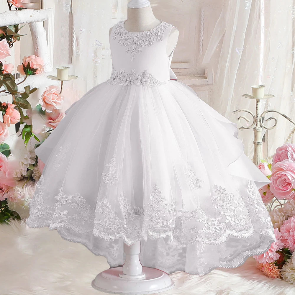 Prinzessinnenkleid für Mädchen mit Tüll & Stickerei – Rosa Partykleid mit Schleife & Schleppe – Für Geburtstag, Show & festliche Anlässe