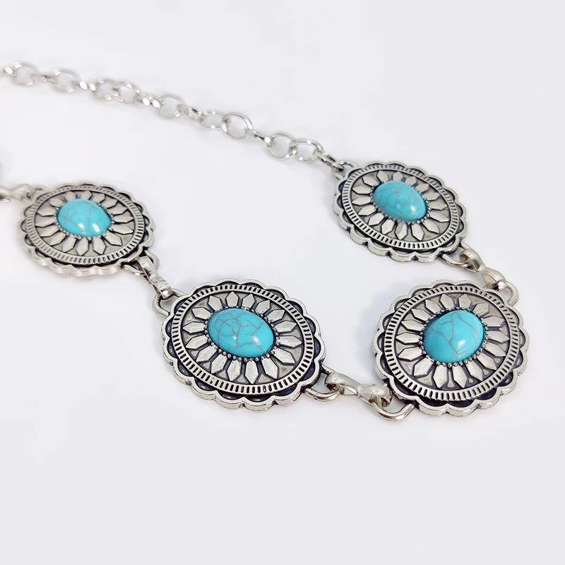 Boho Taillenkette für Damen – Silberfarbene Kette mit blauen Edelstein-Elementen | Eleganter Ellipsen-Look für Röcke & Kleider