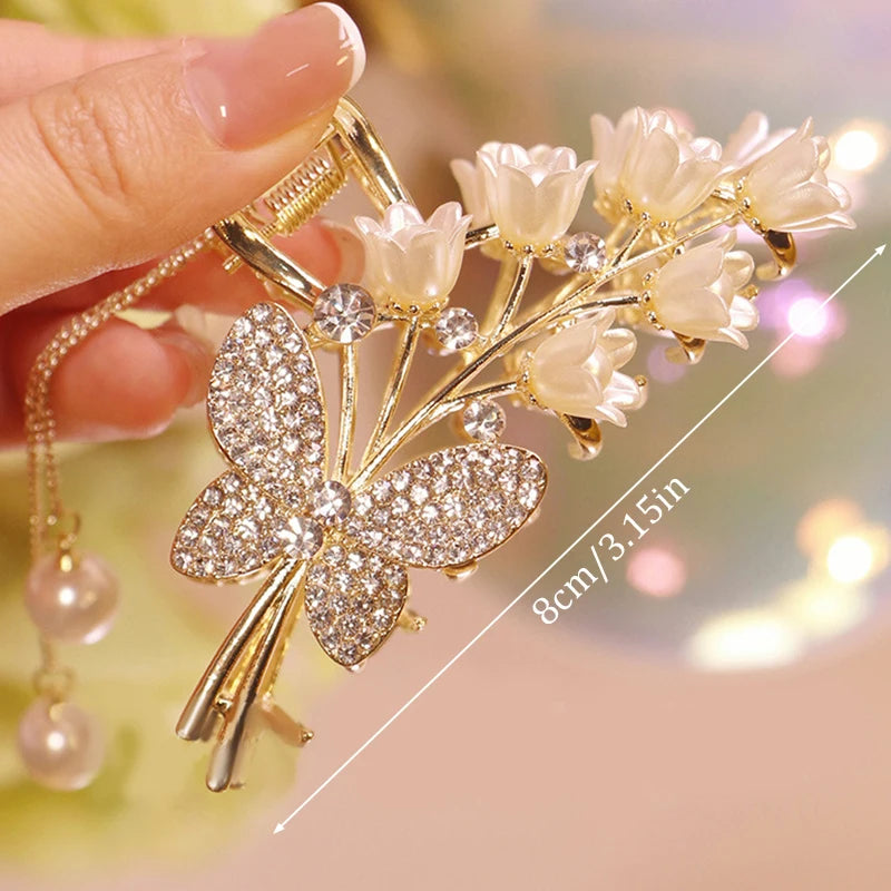 Luxuriöse Haarspange mit Strass, Glockenblume, Rose & Schmetterling – Elegante Haarklammer mit Quaste für Damen