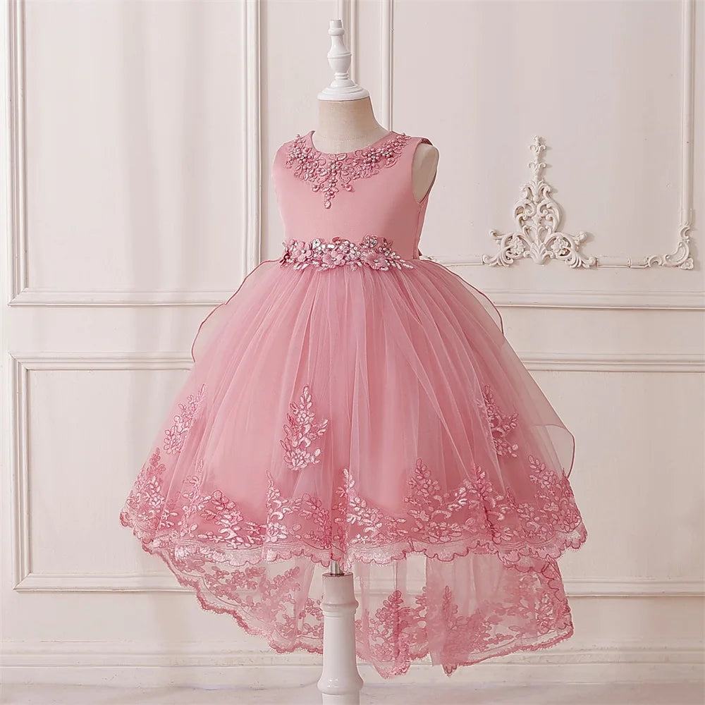 Prinzessinnenkleid für Mädchen mit Tüll & Stickerei – Rosa Partykleid mit Schleife & Schleppe – Für Geburtstag, Show & festliche Anlässe
