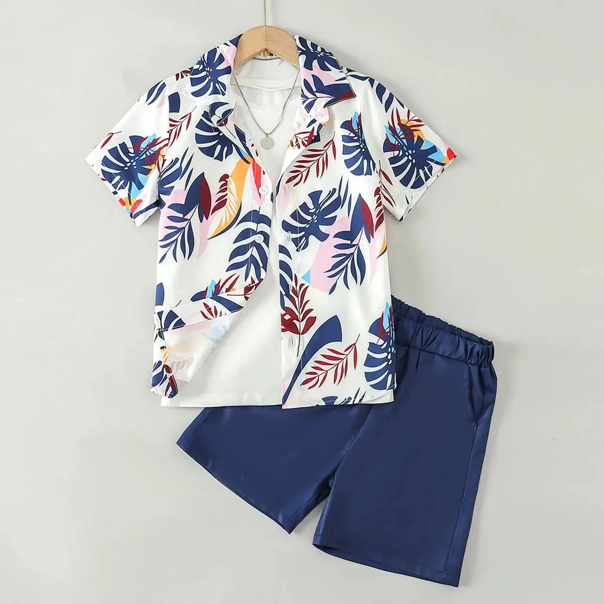 2-teiliges Sommer-Outfit für Jungen – Kurzarmhemd & Shorts im Gentleman-Stil mit Palmenblatt-Print | Für Kinder von 7–13 Jahren