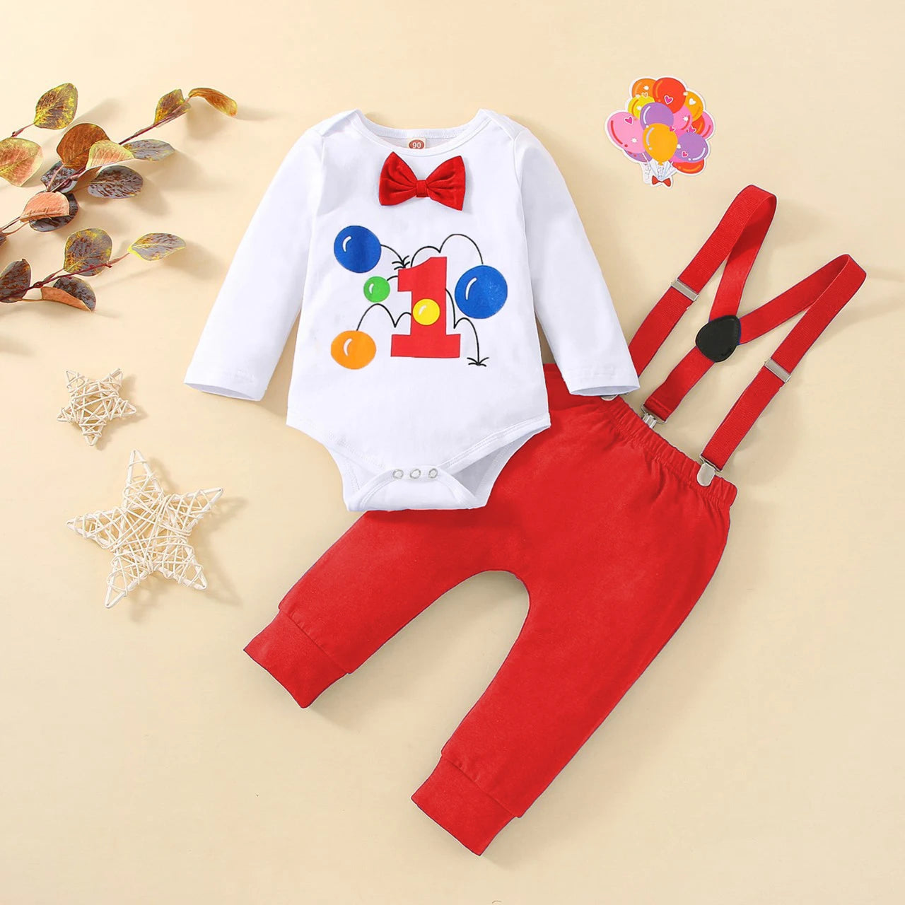 Baby Jungen Cake Smash Geburtstag Outfit – Romper mit „1“-Ballon-Aufdruck + Hosenträgerhose – 3-teiliges Set
