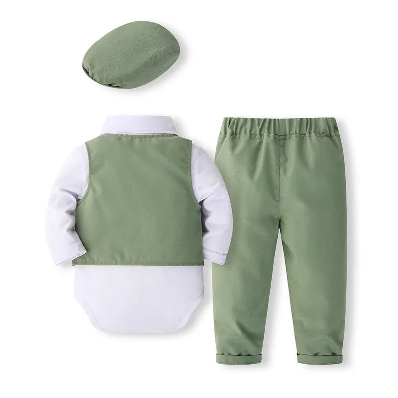 Luxuriöses 5-teiliges Baby Jungen Set – Frühlings- & Herbst-Outfit im Gentleman-Stil | Body + Weste + Hose + Krawatte + Hut – Koreanisches Design