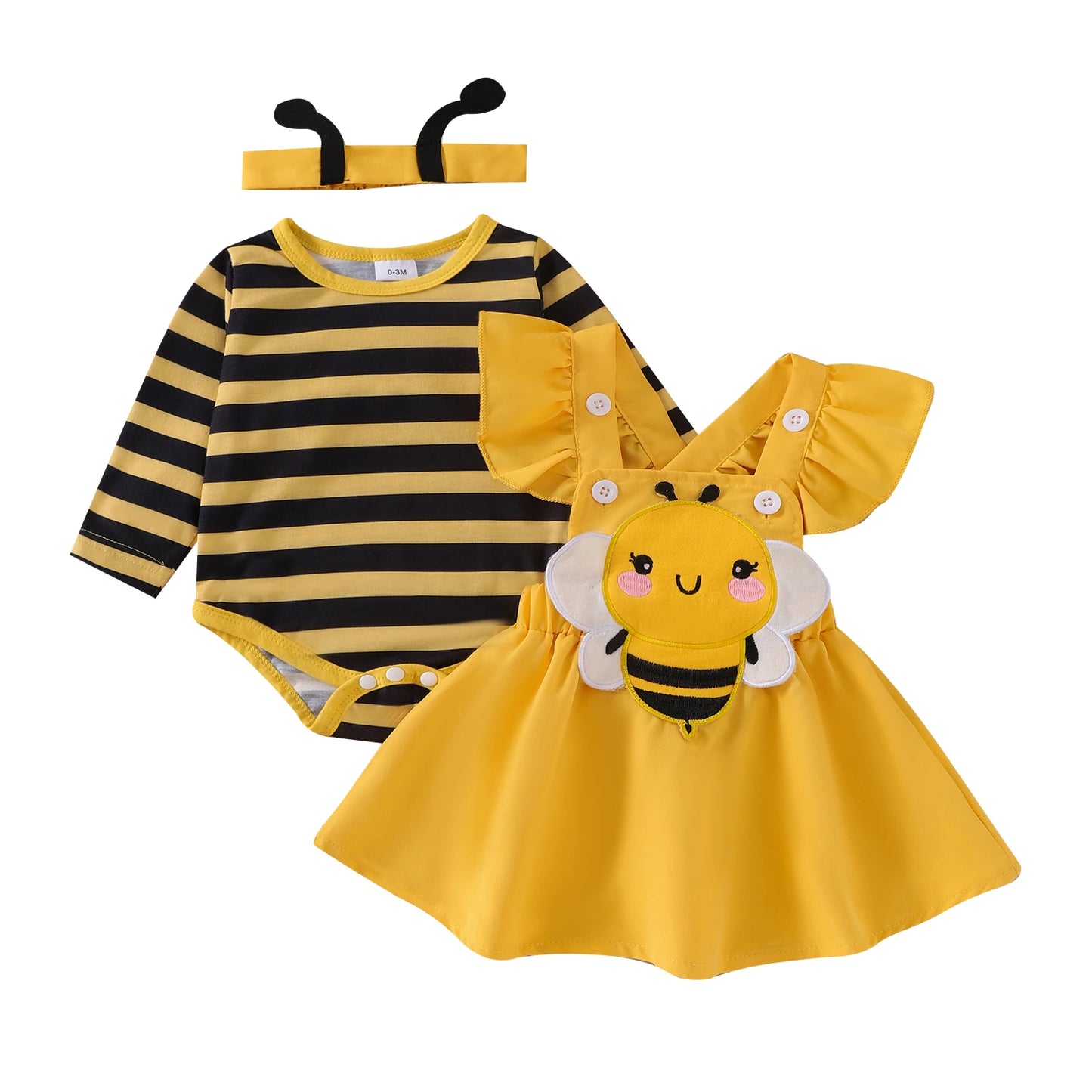 Herbst-Outfit für Baby-Mädchen – 3-teilig: Langarm-Romper mit Flügelärmeln, Trägerkleid mit Bienen-/Marienkäfer-Stickerei & Haarband – von Faithtur