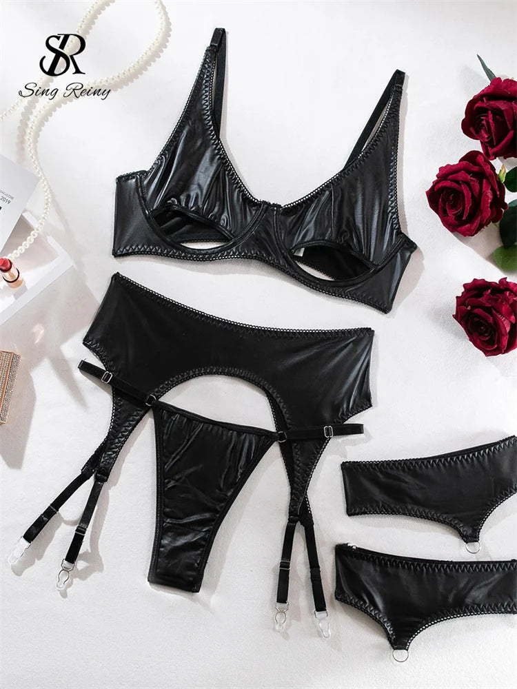 SINGREINY Sexy Leder-Unterwäsche-Set für Damen – Strapless BH & Slip aus Kunstleder, Dessous mit Cut-Out-Design