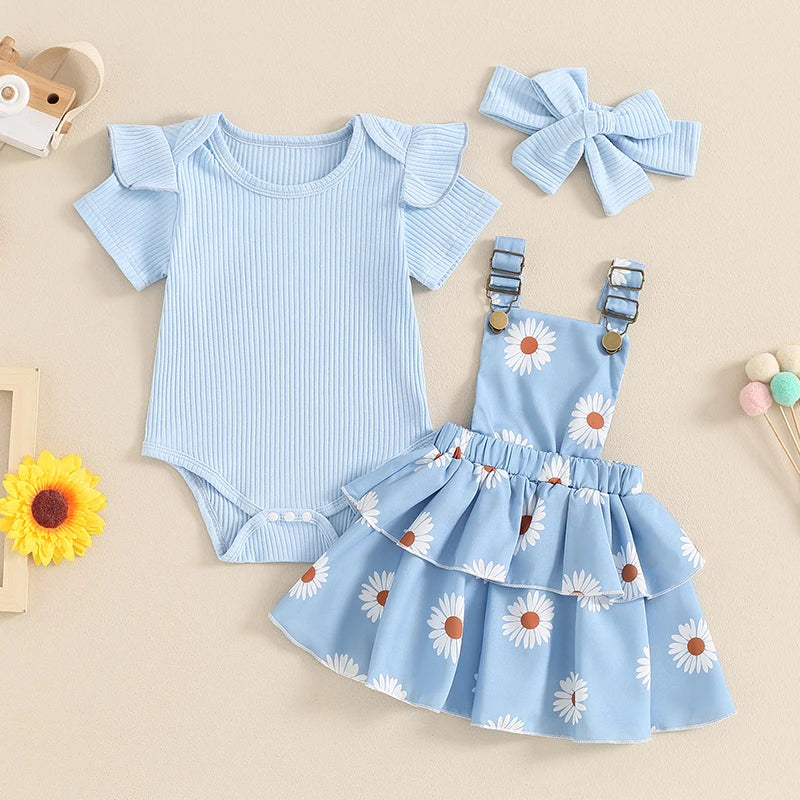 Frühlings-Outfit für Baby-Mädchen – 3-teilig: Kurzarm-Ripp-Body, Trägerrock & Haarband – von Pudcoco (0–18 Monate)