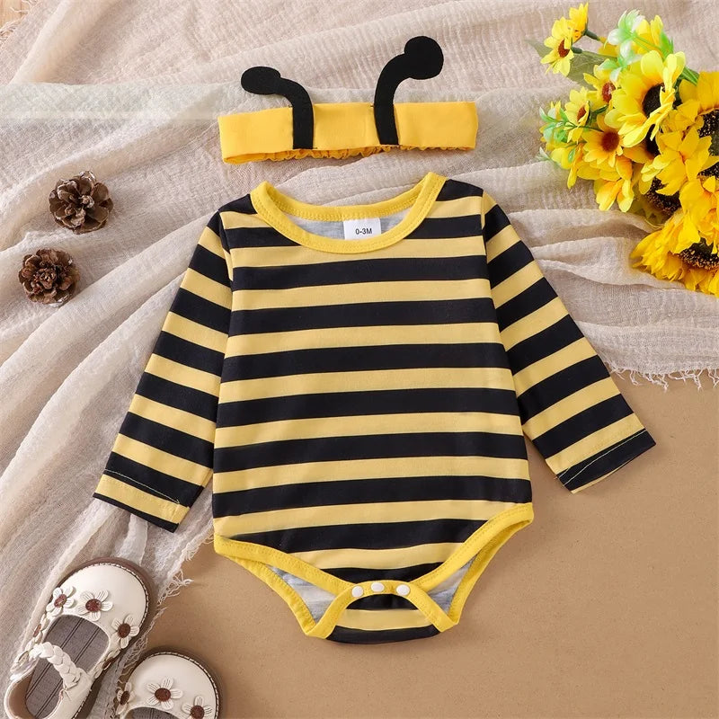 Herbst-Outfit für Baby-Mädchen – 3-teilig: Langarm-Romper mit Flügelärmeln, Trägerkleid mit Bienen-/Marienkäfer-Stickerei & Haarband – von Faithtur