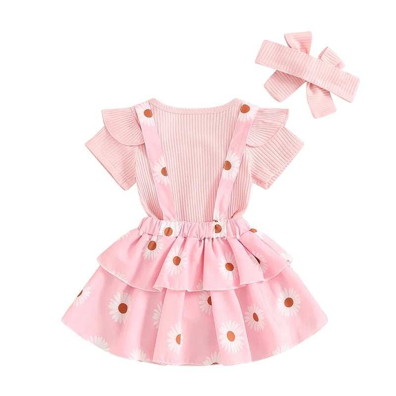 Frühlings-Outfit für Baby-Mädchen – 3-teilig: Kurzarm-Ripp-Body, Trägerrock & Haarband – von Pudcoco (0–18 Monate)
