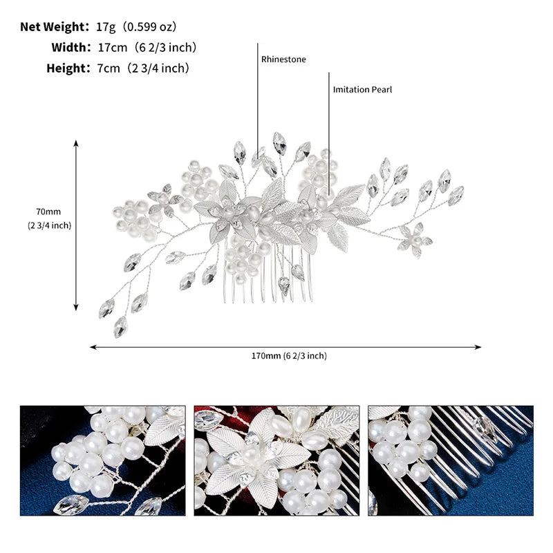 Silberner Haarkamm mit Perlen & Strass – Handgefertigtes elegantes Haarschmuck-Accessoire für Damen & Bräute