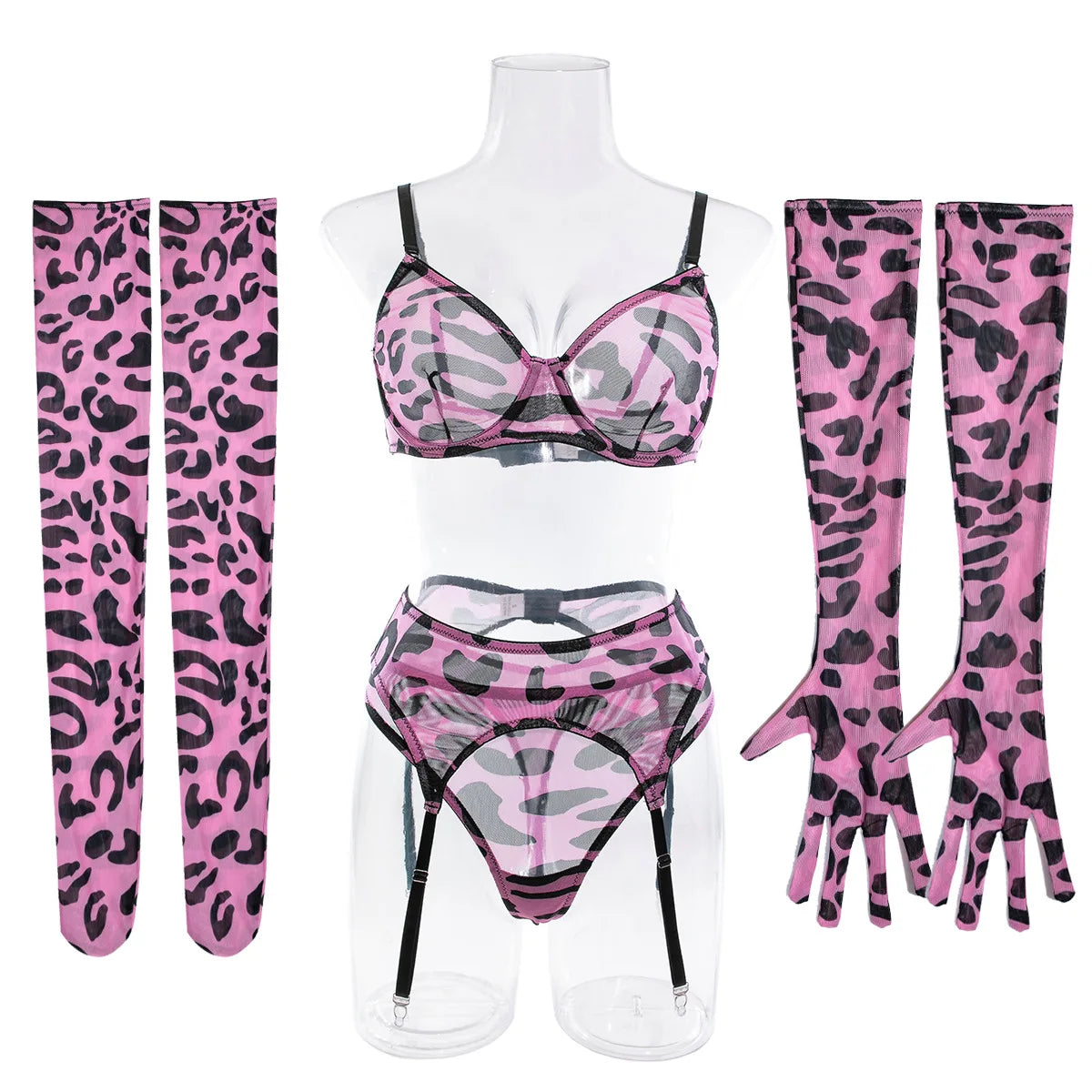 Sexy Lingerie Set in Pink Leopard Mesh – BH, Handschuhe & Beinlinge