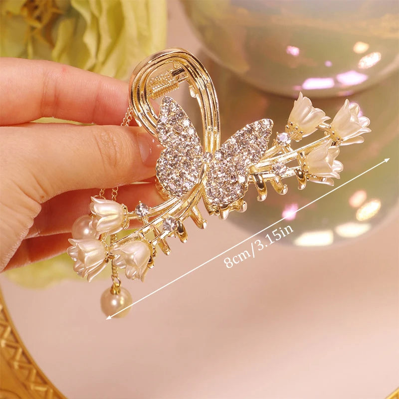 Luxuriöse Haarspange mit Strass, Glockenblume, Rose & Schmetterling – Elegante Haarklammer mit Quaste für Damen