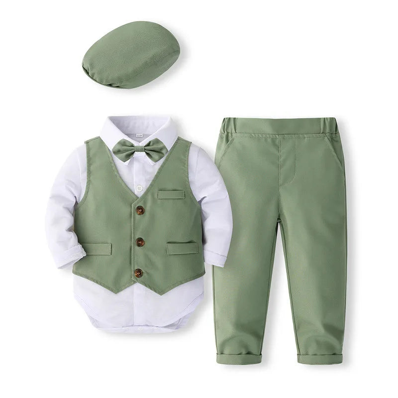 Luxuriöses 5-teiliges Baby Jungen Set – Frühlings- & Herbst-Outfit im Gentleman-Stil | Body + Weste + Hose + Krawatte + Hut – Koreanisches Design