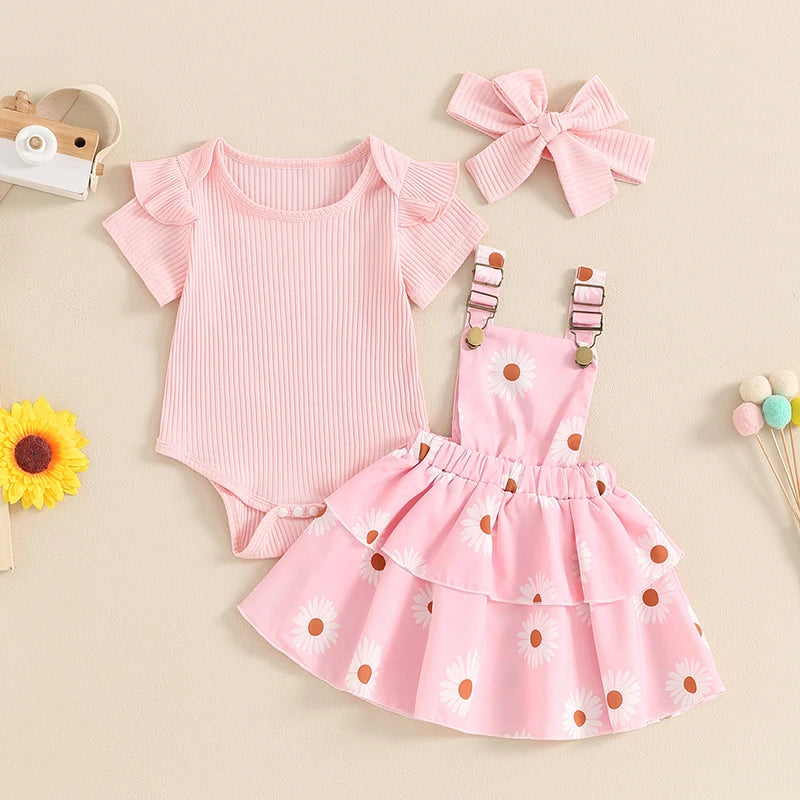 Frühlings-Outfit für Baby-Mädchen – 3-teilig: Kurzarm-Ripp-Body, Trägerrock & Haarband – von Pudcoco (0–18 Monate)