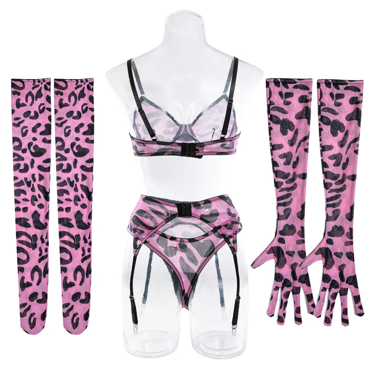 Sexy Lingerie Set in Pink Leopard Mesh – BH, Handschuhe & Beinlinge