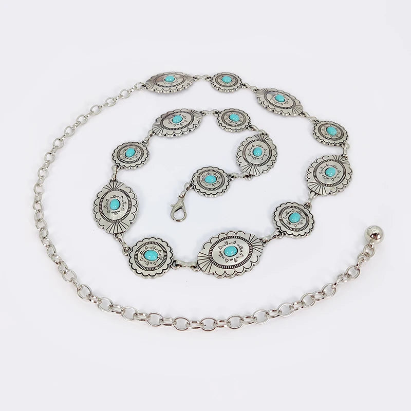 Boho Taillenkette für Damen – Silberfarbene Kette mit blauen Edelstein-Elementen | Eleganter Ellipsen-Look für Röcke & Kleider