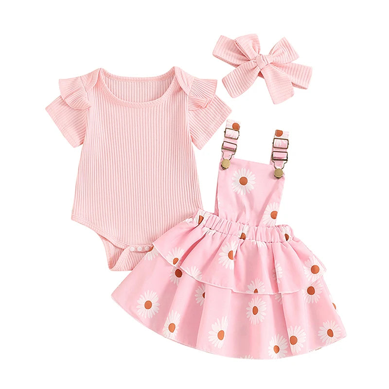 Frühlings-Outfit für Baby-Mädchen – 3-teilig: Kurzarm-Ripp-Body, Trägerrock & Haarband – von Pudcoco (0–18 Monate)
