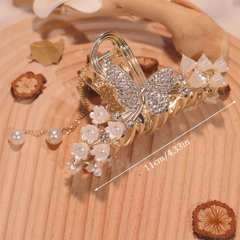 Luxuriöse Haarspange mit Strass, Glockenblume, Rose & Schmetterling – Elegante Haarklammer mit Quaste für Damen