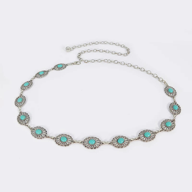 Boho Taillenkette für Damen – Silberfarbene Kette mit blauen Edelstein-Elementen | Eleganter Ellipsen-Look für Röcke & Kleider