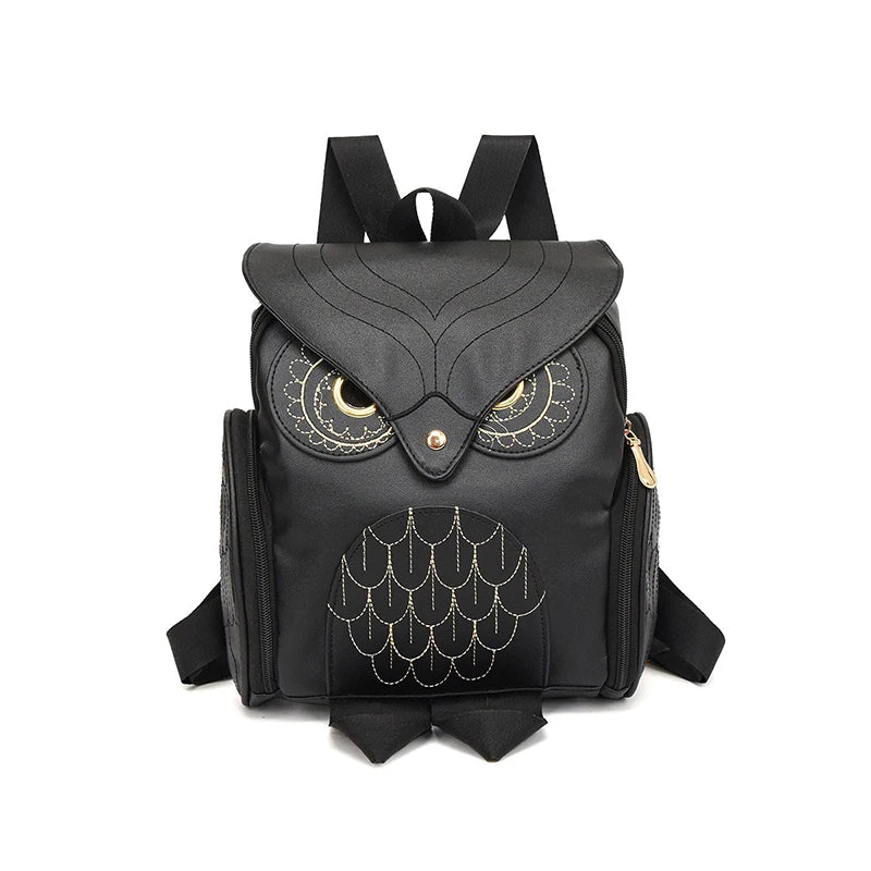 Damen Rucksack – Stylischer Eulen-Rucksack aus schwarzem PU-Leder mit Applikationen – Trendiger Begleiter für Alltag & Freizeit