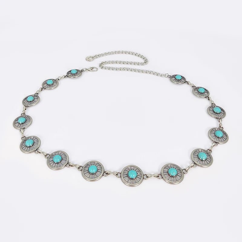 Boho Taillenkette für Damen – Silberfarbene Kette mit blauen Edelstein-Elementen | Eleganter Ellipsen-Look für Röcke & Kleider