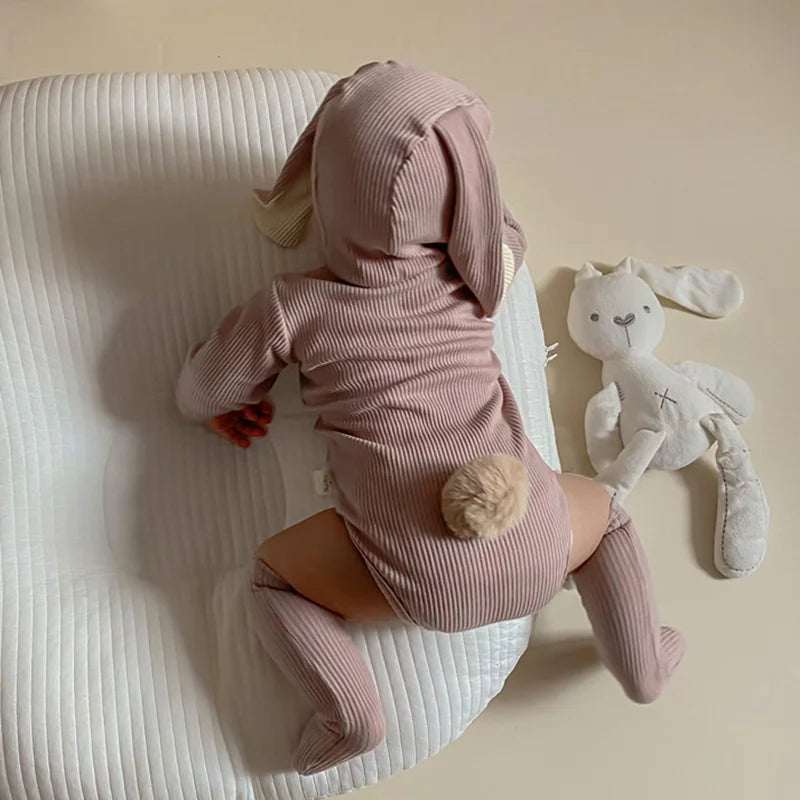 2025 Niedliches Baby-Hasen-Set – Langarm Body mit Ohren-Mütze & Kniestrümpfen | Unisex Babykleidung aus Baumwolle