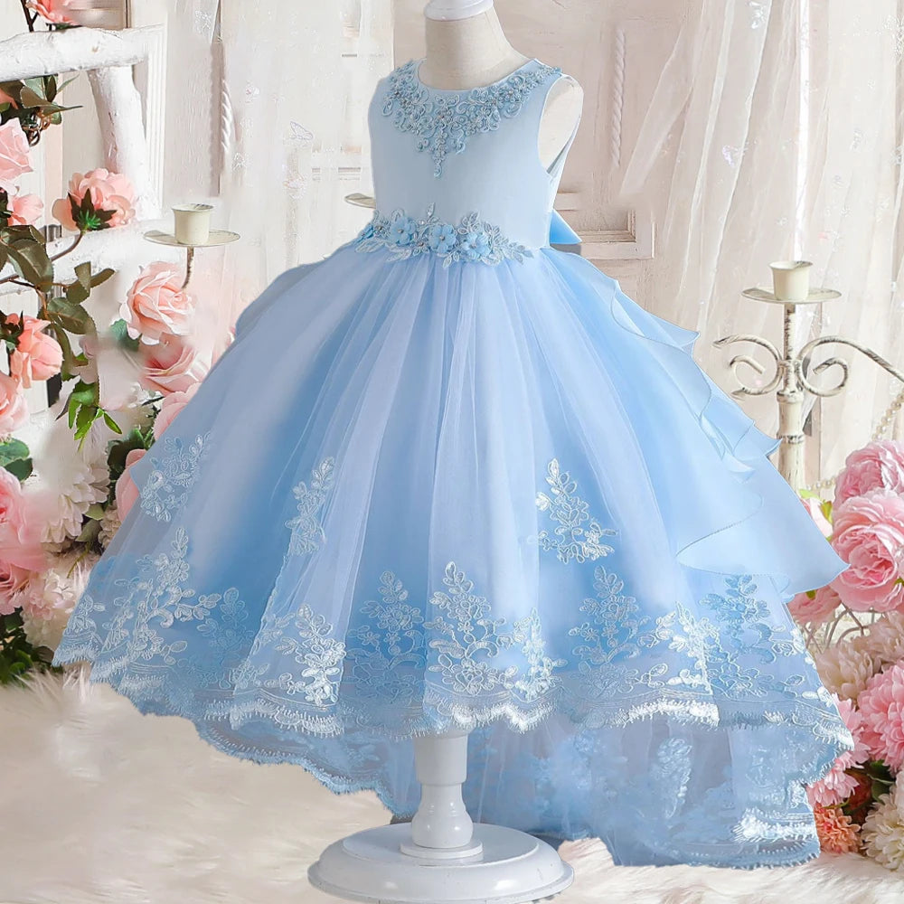 Prinzessinnenkleid für Mädchen mit Tüll & Stickerei – Rosa Partykleid mit Schleife & Schleppe – Für Geburtstag, Show & festliche Anlässe