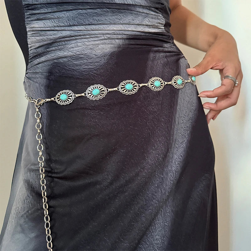 Boho Taillenkette für Damen – Silberfarbene Kette mit blauen Edelstein-Elementen | Eleganter Ellipsen-Look für Röcke & Kleider