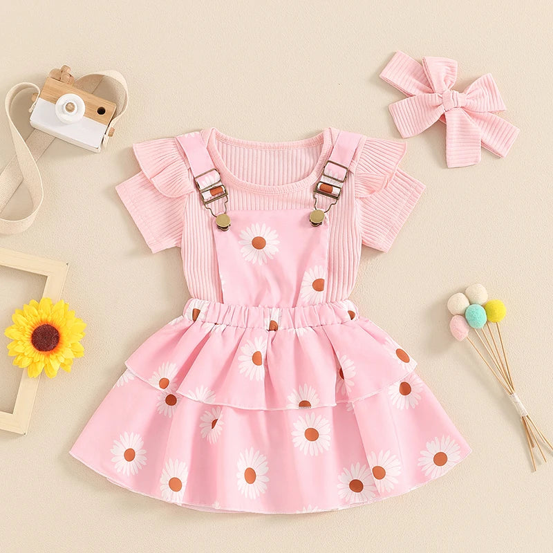 Frühlings-Outfit für Baby-Mädchen – 3-teilig: Kurzarm-Ripp-Body, Trägerrock & Haarband – von Pudcoco (0–18 Monate)