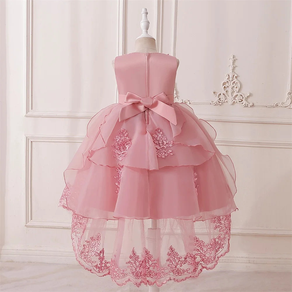 Prinzessinnenkleid für Mädchen mit Tüll & Stickerei – Rosa Partykleid mit Schleife & Schleppe – Für Geburtstag, Show & festliche Anlässe