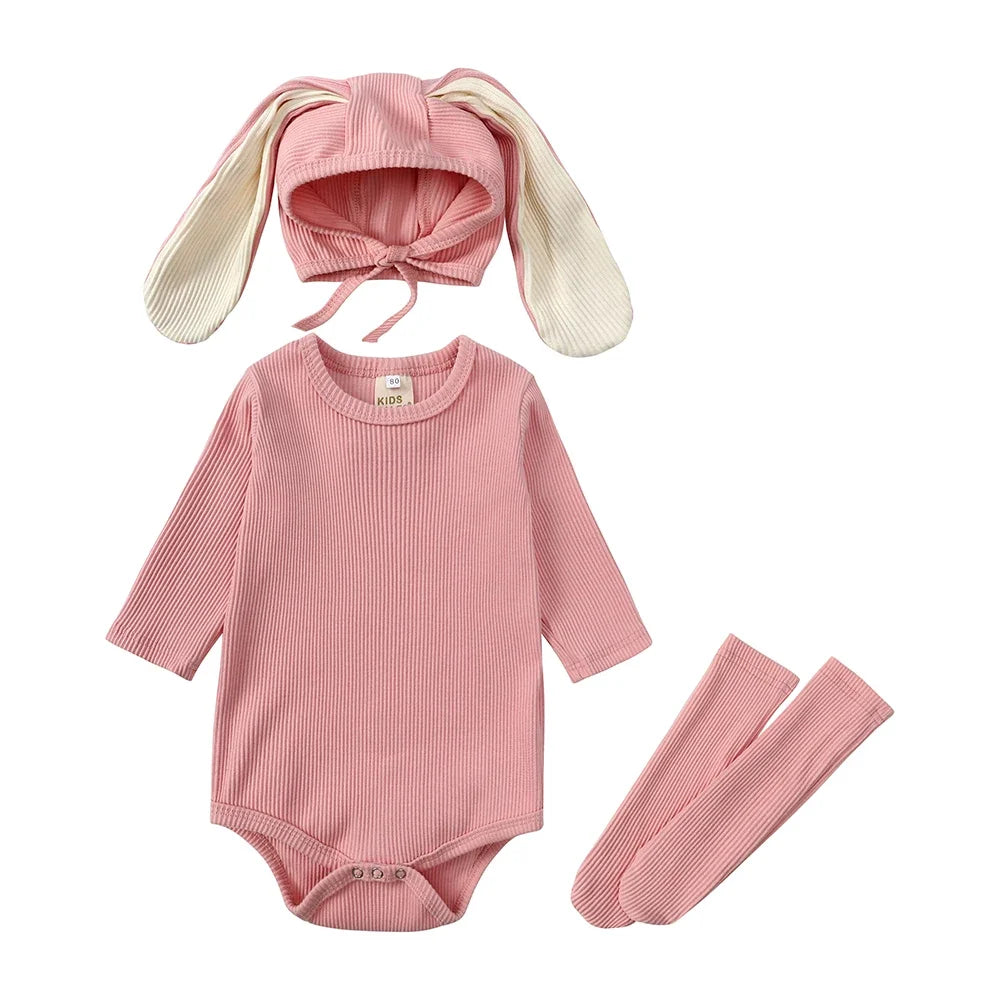 2025 Niedliches Baby-Hasen-Set – Langarm Body mit Ohren-Mütze & Kniestrümpfen | Unisex Babykleidung aus Baumwolle
