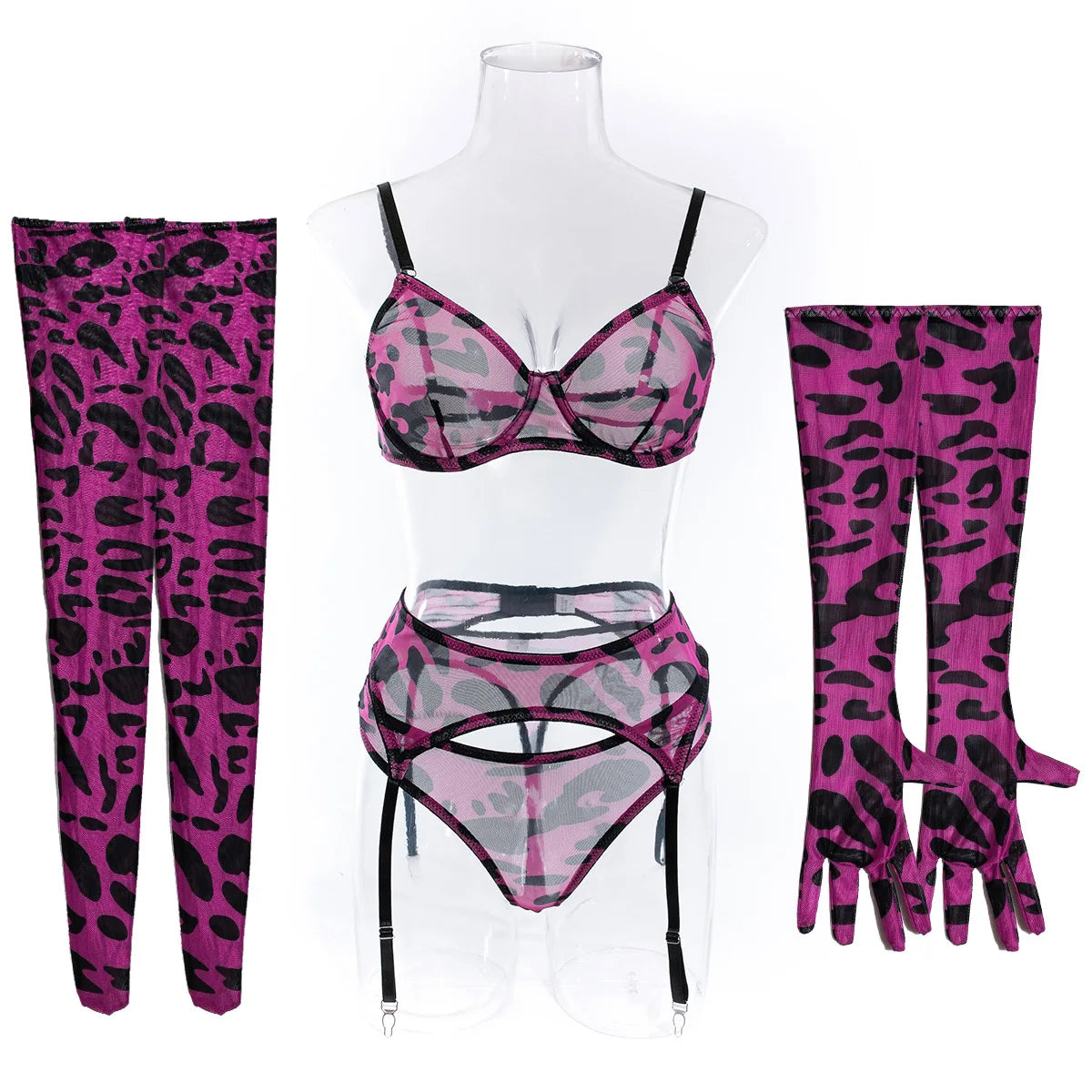 Sexy Lingerie Set in Pink Leopard Mesh – BH, Handschuhe & Beinlinge